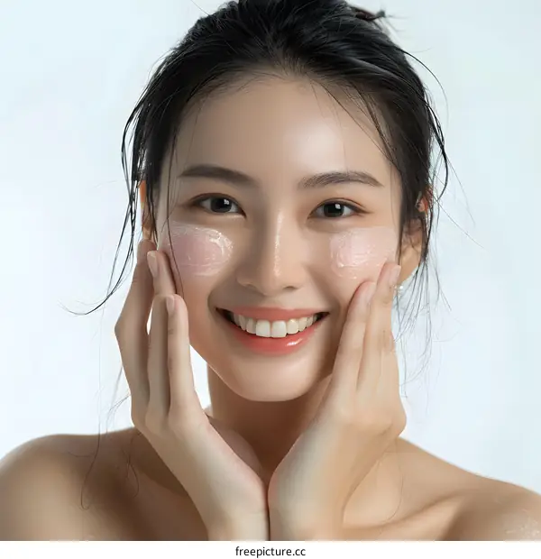 Beautiful Asian Woman Applying Facial Moisturizer