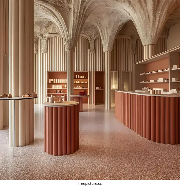 Modern Interior Design with Vaulted Ceiling and Cylindrical Columns