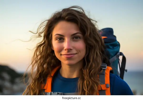 portrait of a young woman with curly hair smiling wearing a backpack