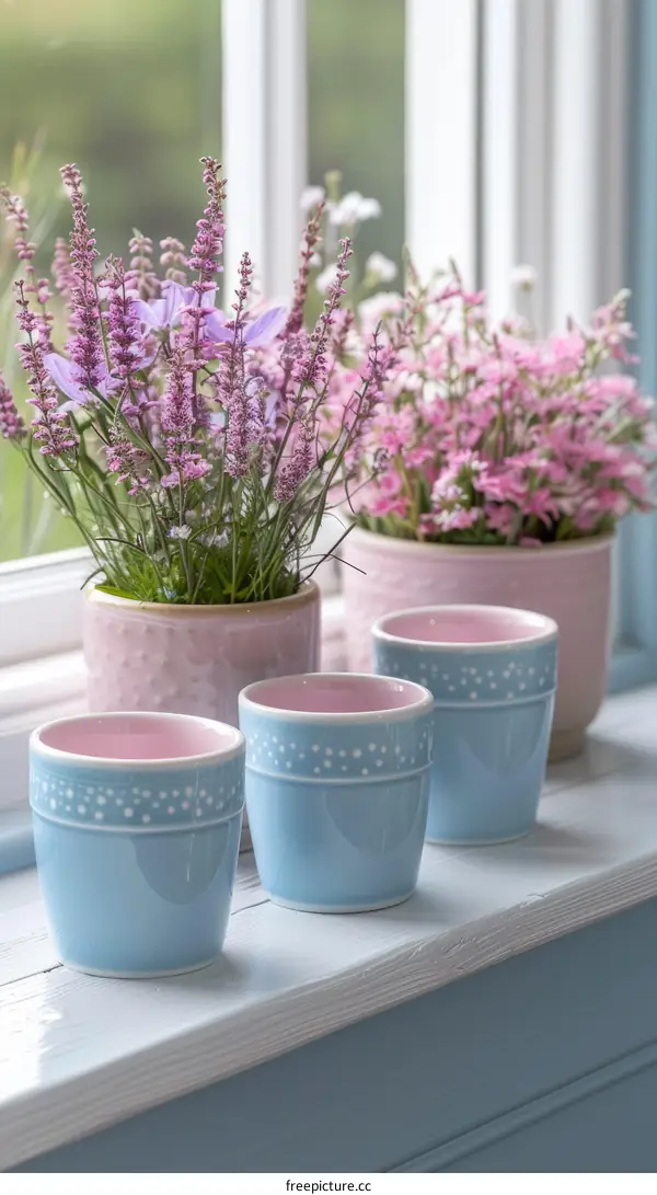 Three blue and white polka dot cups with flowers in the background