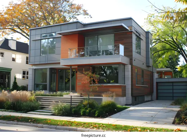 Modern House with Wooden Siding and Grey Metal Roof
