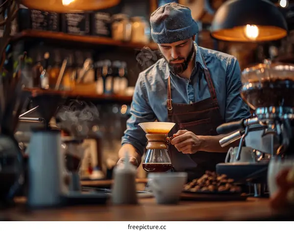 Focused barista making pour-over coffee in a coffee shop