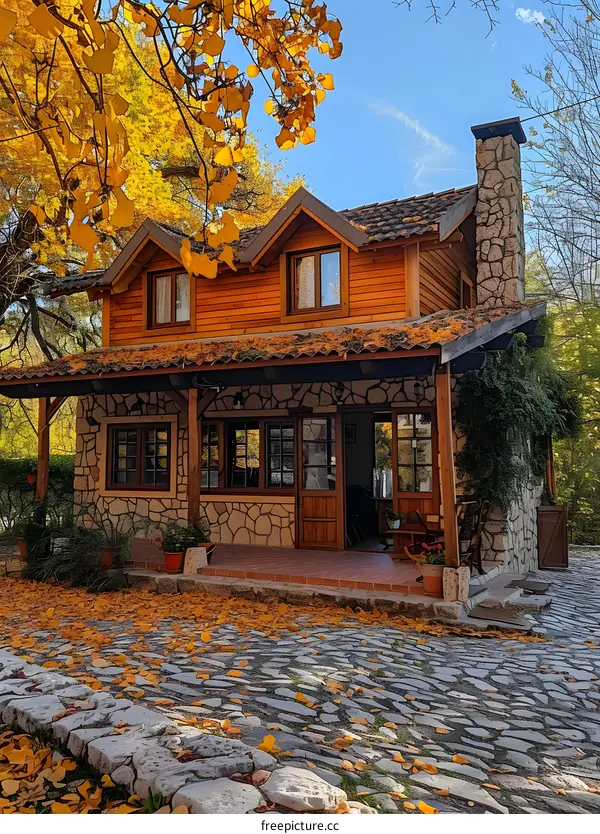 A cozy cabin nestled in the woods with a beautiful fall backdrop