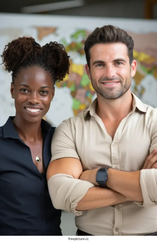 Portrait of a smiling man and woman standing in front of a world map