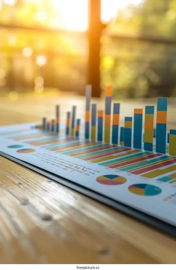 A variety of colorful 3D bar graphs sit on a wooden table near a window.
