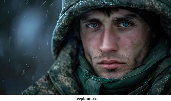 Portrait of a young soldier in the snow