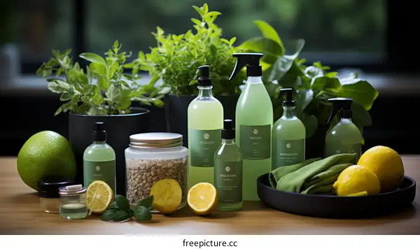 Natural cleaning products with essential oils and citrus fruits