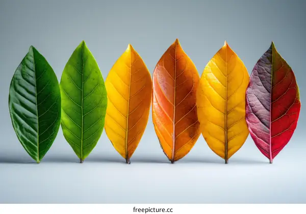 Colorful leaves of different autumn trees lined up from green to red