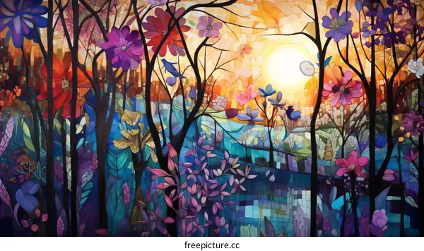Mystical forest with a setting sun and stained glass flowers