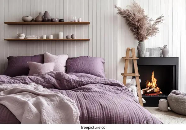 Cozy Purple Bedroom with Fireplace and Decor
