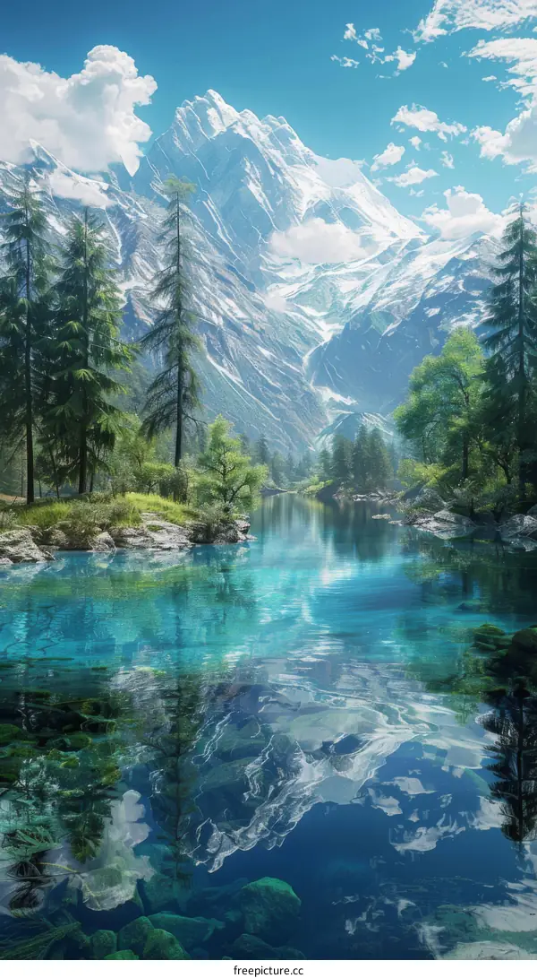 Tranquil Mountain Lake with Towering Trees and Azure Sky
