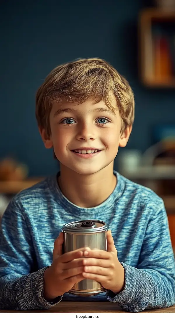 Smiling Boy Holding a Can