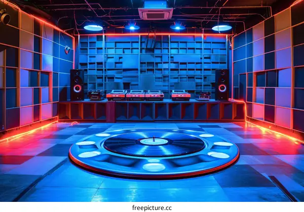 Blue and red neon lights in an empty nightclub with a turntable in the center