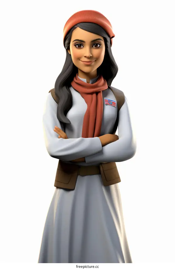 Smiling Girl with Long Dark Brown Hair, Brown Vest, Red Beret and White Dress