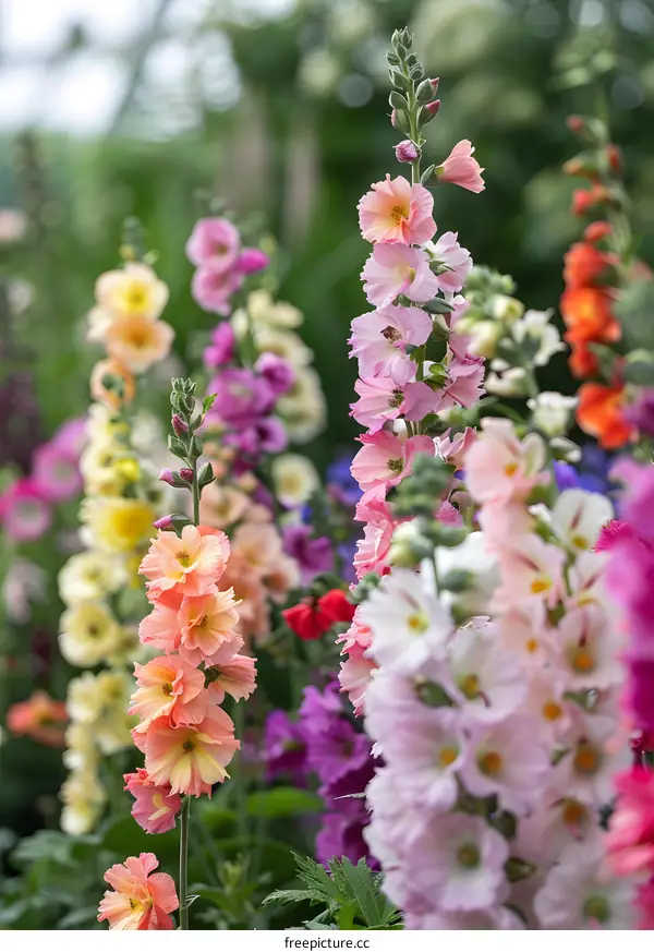 Colorful Hollyhock Flowers in Bloom