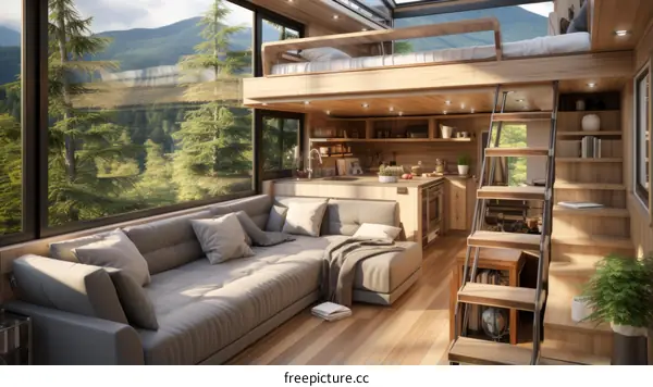 Modern interior of a cozy house with large windows and wooden elements