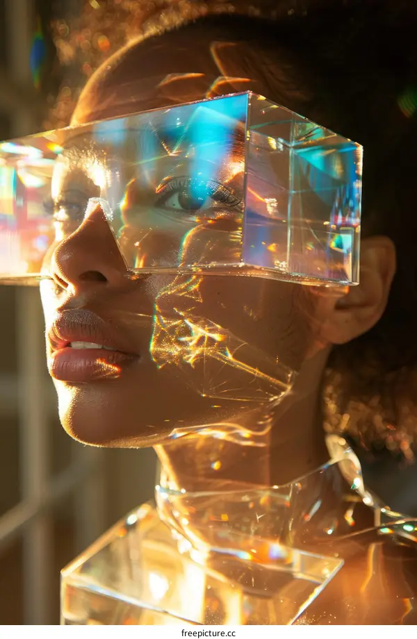Close-up portrait of a young woman wearing futuristic glasses made of crystal