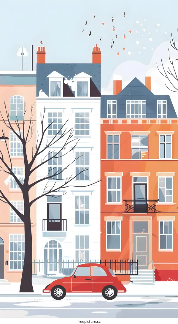 Snowy Day in the City With Red Car