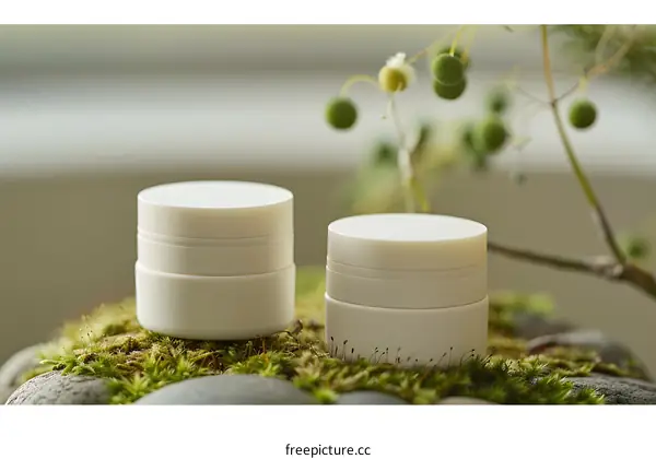 White Cream Jars on Mossy Rocks and Branch with Green Leaves