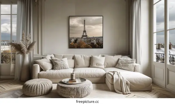 Paris cityscape with Eiffel Tower view from living room