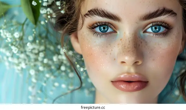 Close-up portrait of a beautiful young woman with freckles on her face