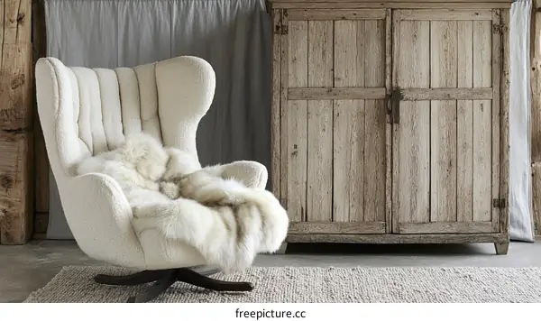 Vintage Cream Wool Armchair with Fur Throw and Rustic Wooden Cabinet