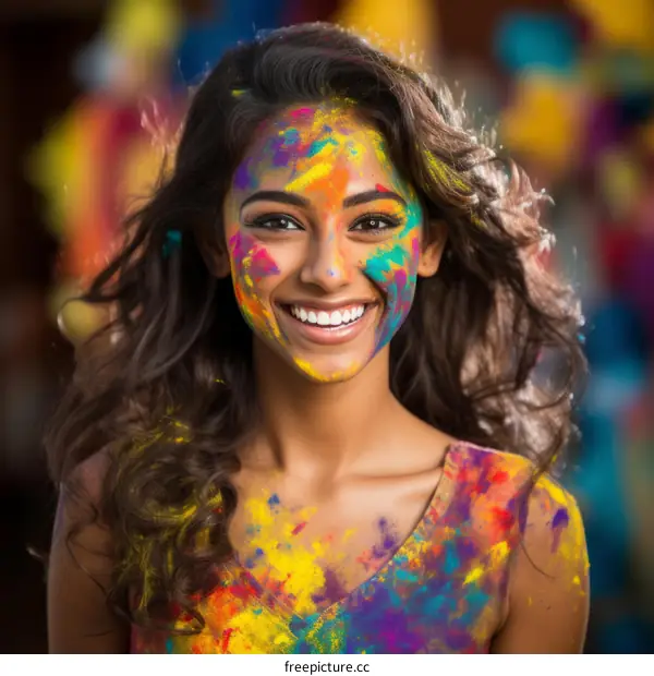 Portrait of a young Indian woman celebrating the Hindu holiday Holi