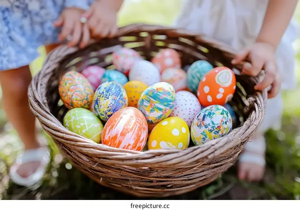 Easter Eggs in a Basket Held by Children