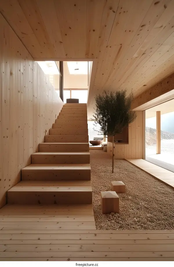 Wooden Stairs and Stone Floor in Modern House Interior