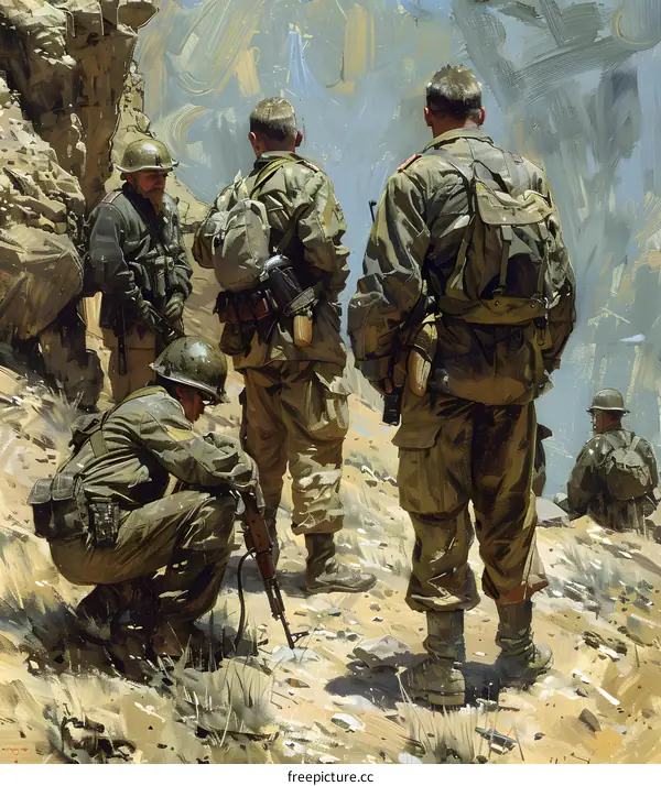 Four soldiers in military uniform looking at something