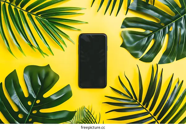 Smartphone with Tropical Leaves on Yellow Background