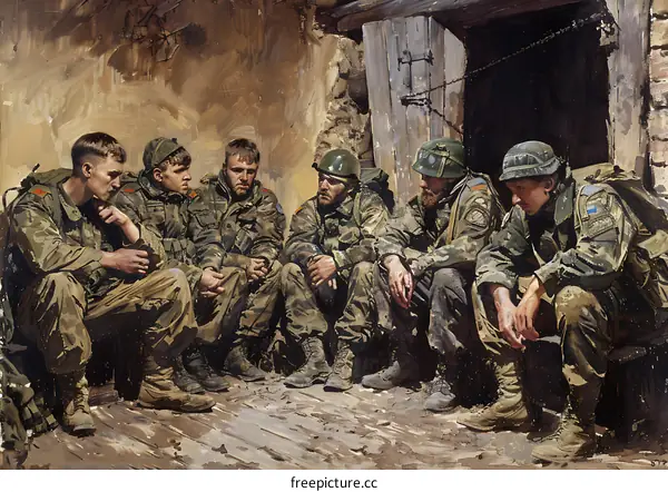 A group of soldiers resting in a ruined building