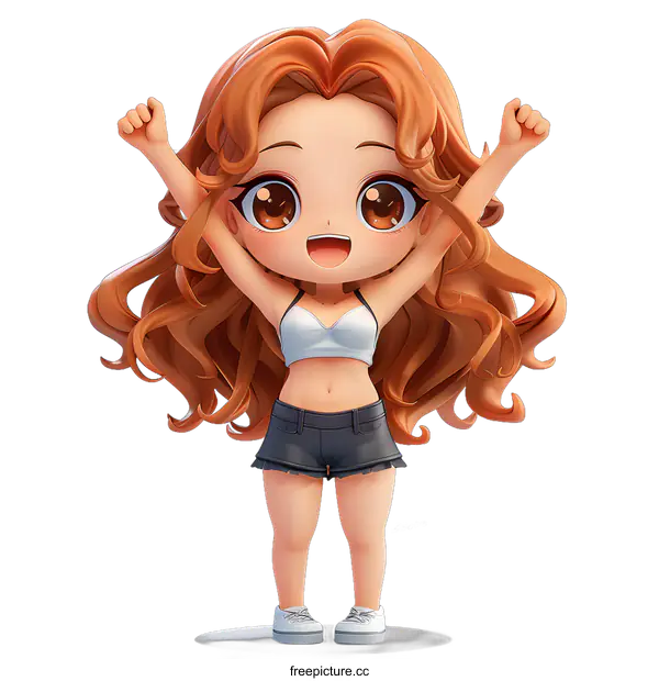 [Transparent Background PNG]Cute anime girl with long brown hair and brown eyes wearing a white crop top and blue jean shorts, raising her arms in victory