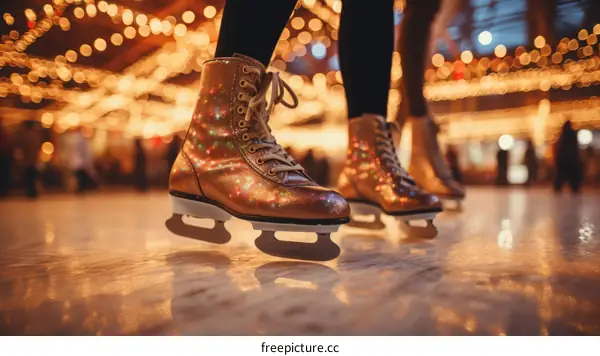 Two people ice skating on a rink with blurred lights in the background