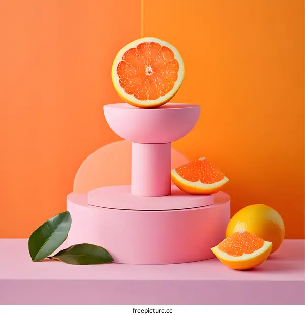 Orange Fruit Slices on Pink Geometric Platforms Against a Orange Background