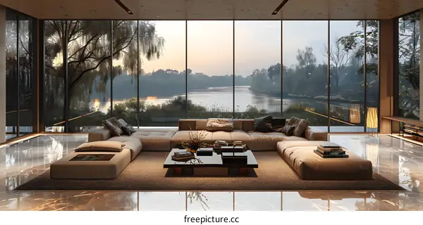 Modern living room interior with large windows overlooking lake and trees