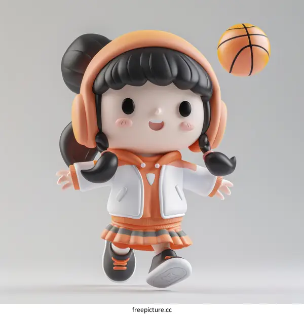 Cute 3D Cartoon Girl Playing Basketball