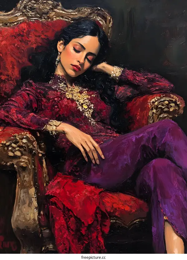 Woman in Purple and Red Dress, Oil Painting