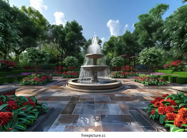 Tranquil and Serene Garden Landscape with Water Feature
