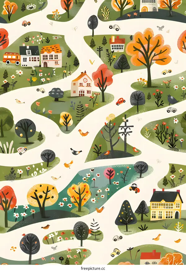 Colorful Illustration Of A Town With Buildings And Trees