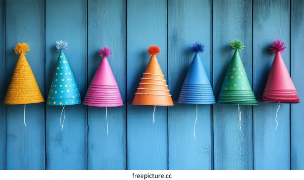 Colorful Party Hats on a Blue Wooden Wall