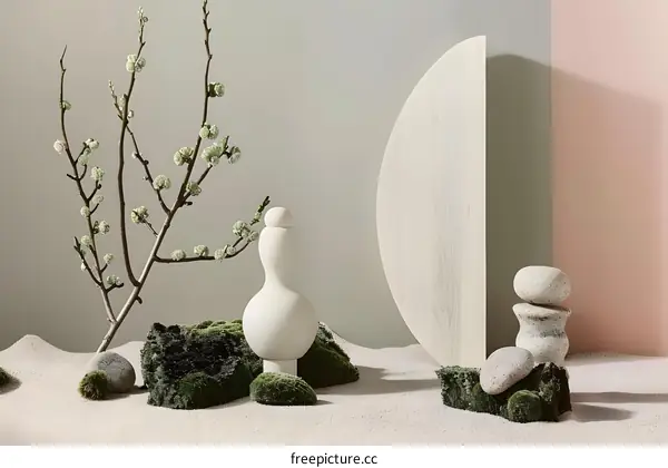 Minimalist White Ceramic Sculpture with Branches and Stones on Sand Background