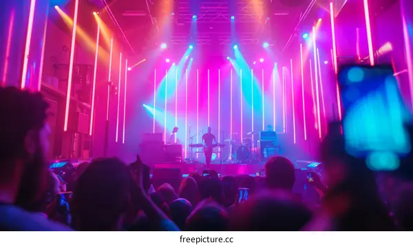 People watching a live music concert with colorful stage lights