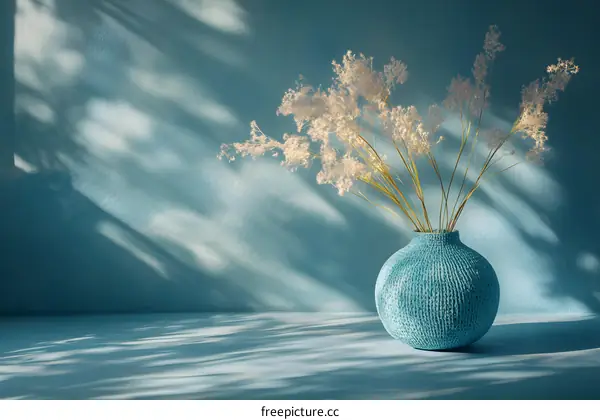 Blue Vase with White Flowers on a Blue Background