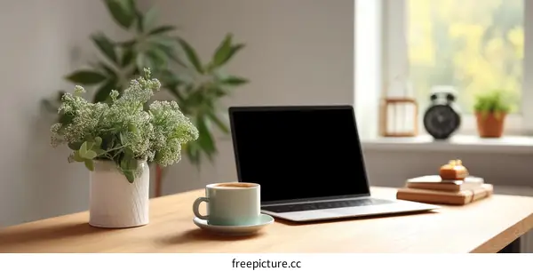 Cozy Home Office Workspace with Laptop and Coffee