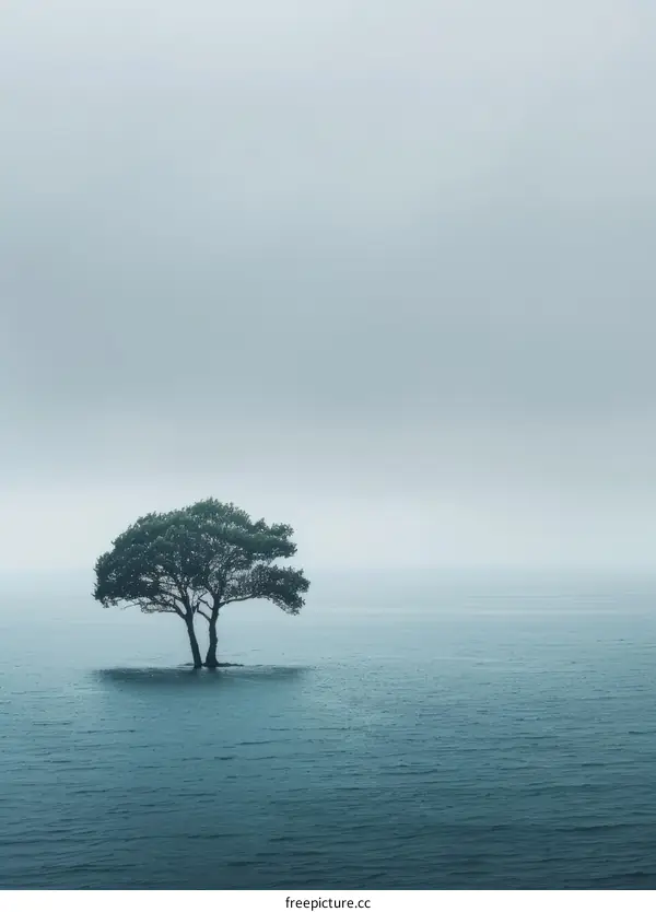 A tree stands alone in the middle of a vast body of water.