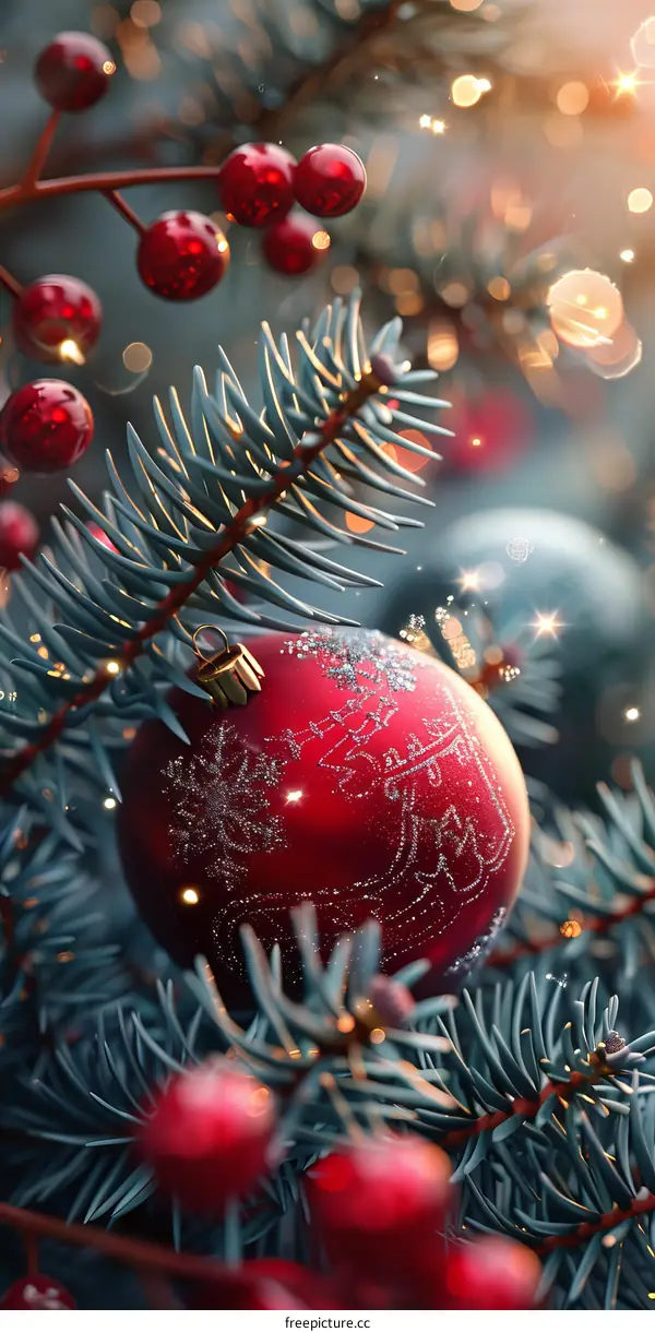 Red Christmas Ornament On Pine Branch