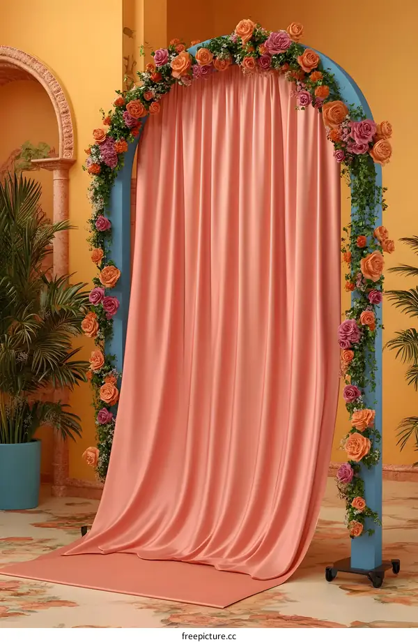 Floral Archway With Pink Curtain Background