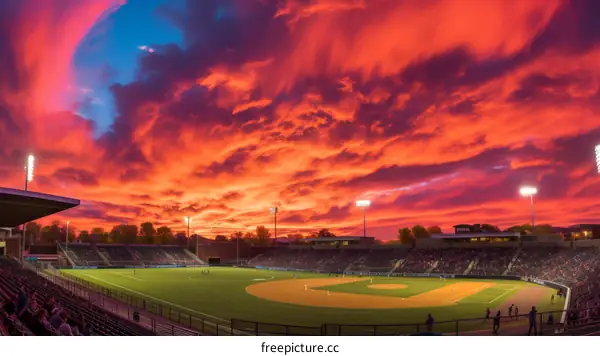 Baseball stadium under a setting sun