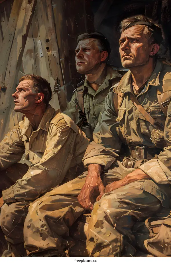 Three soldiers looking out from a foxhole